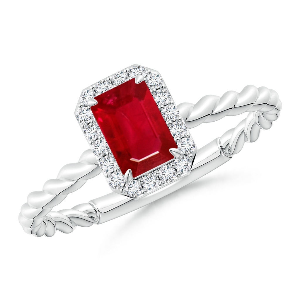 6x4mm AAA Emerald-Cut Ruby Halo Twisted Shank Engagement Ring in White Gold