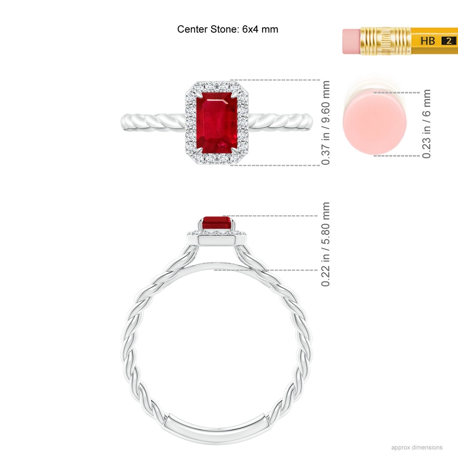 6x4mm AAA Emerald-Cut Ruby Halo Twisted Shank Engagement Ring in White Gold ruler