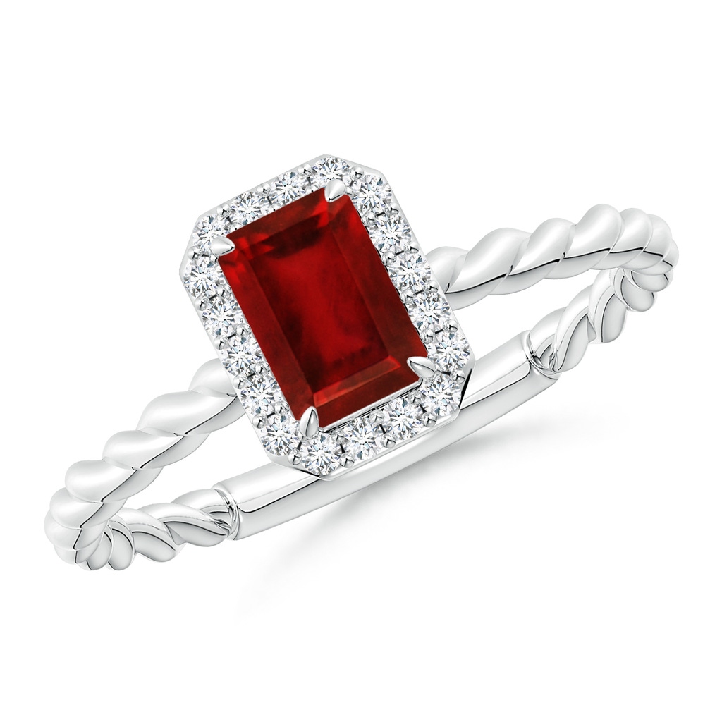 6x4mm Lab-Grown Emerald-Cut Ruby Halo Twisted Shank Engagement Ring in White Gold