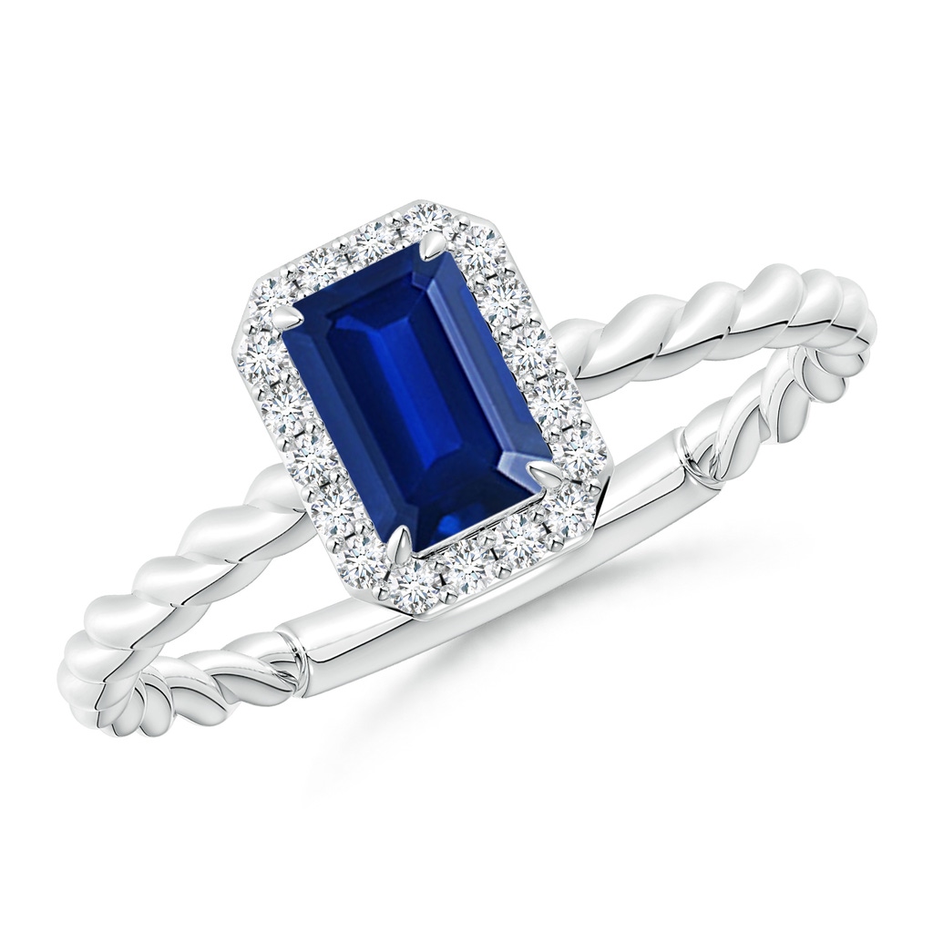 6x4mm Lab-Grown Emerald-Cut Sapphire Halo Twisted Shank Engagement Ring in White Gold