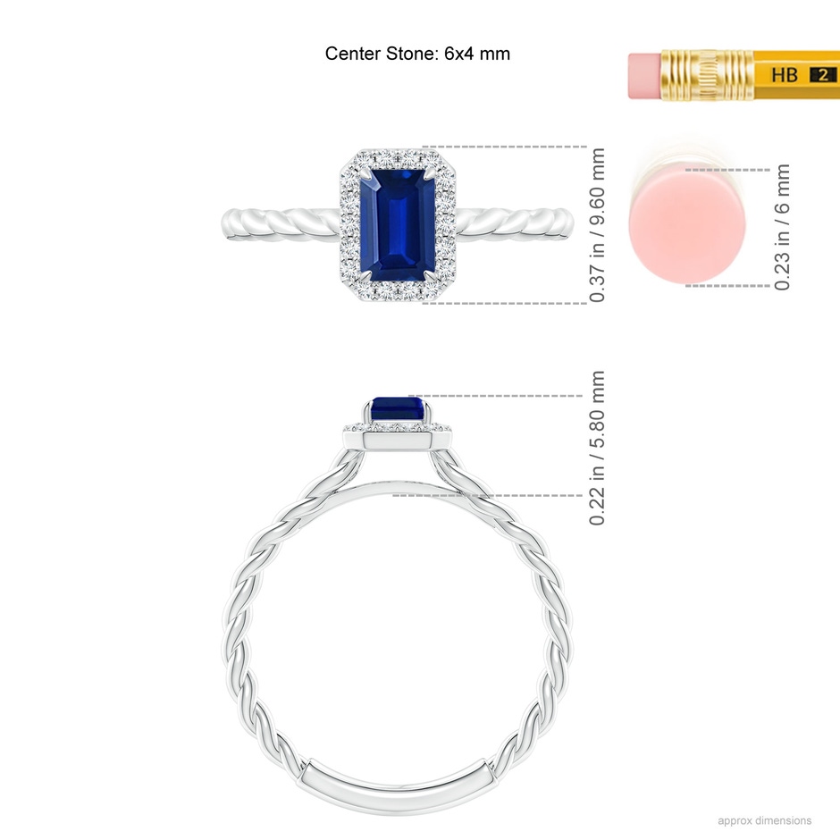 6x4mm Lab-Grown Emerald-Cut Sapphire Halo Twisted Shank Engagement Ring in White Gold ruler