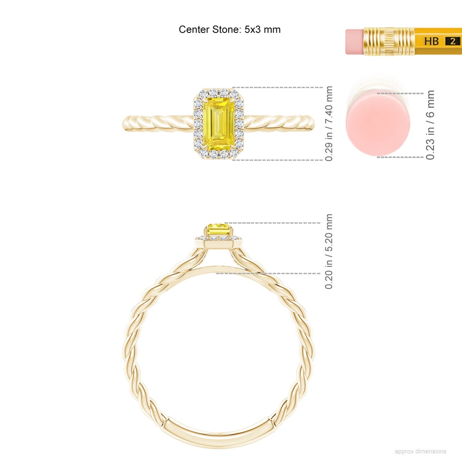 5x3mm AAAA Emerald-Cut Fancy Intense Yellow Diamond Halo Twisted Shank Engagement Ring in Yellow Gold ruler