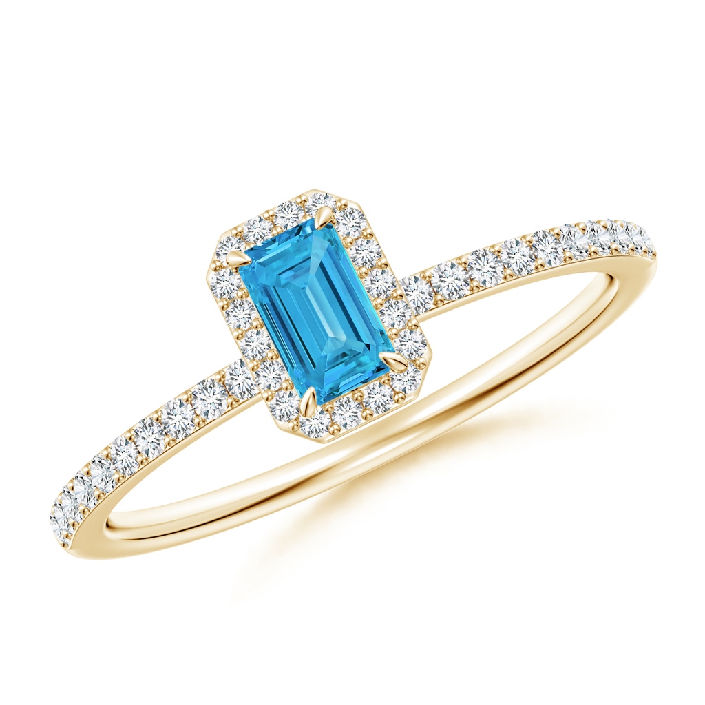 5x3mm AAAA Emerald-Cut Fancy Intense Blue Diamond Halo Engagement Ring in Yellow Gold