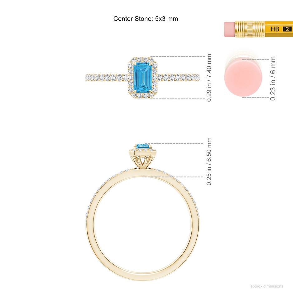5x3mm AAAA Emerald-Cut Fancy Intense Blue Diamond Halo Engagement Ring in Yellow Gold ruler
