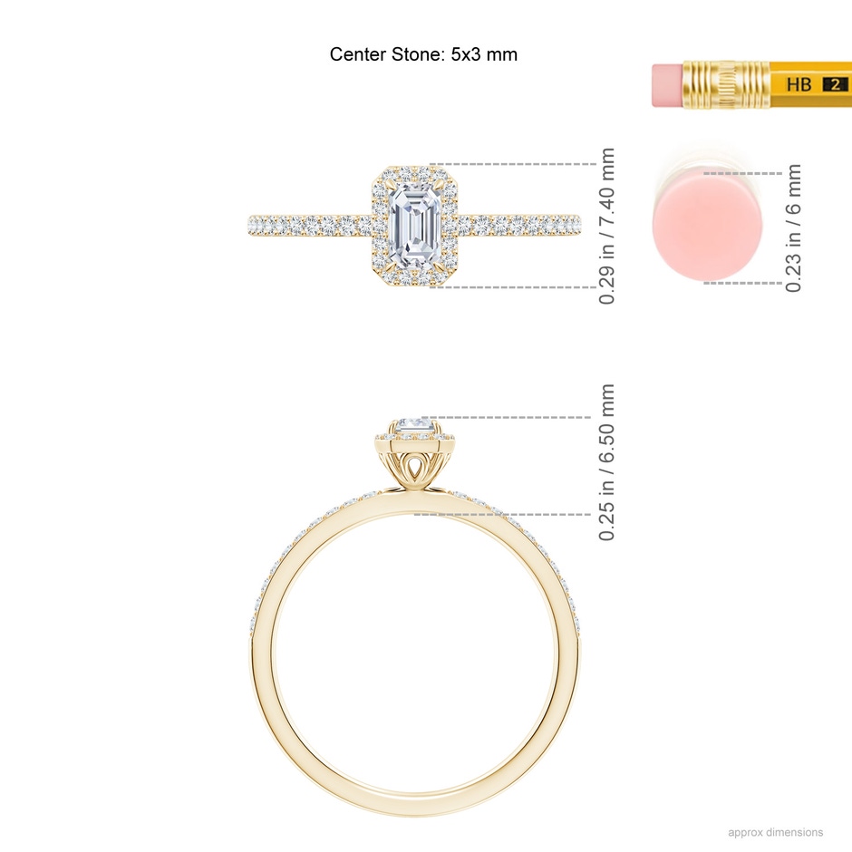 5x3mm GVS2 Emerald-Cut Diamond Halo Engagement Ring in Yellow Gold ruler