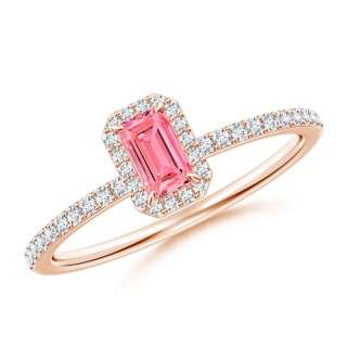 5x3mm AAAA Emerald-Cut Fancy Intense Pink Diamond Halo Engagement Ring in 9K Rose Gold