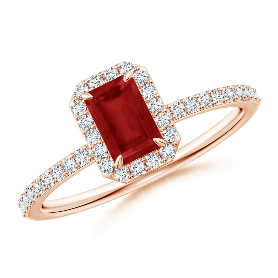 6x4mm AA Emerald-Cut Ruby Halo Engagement Ring in Rose Gold 
