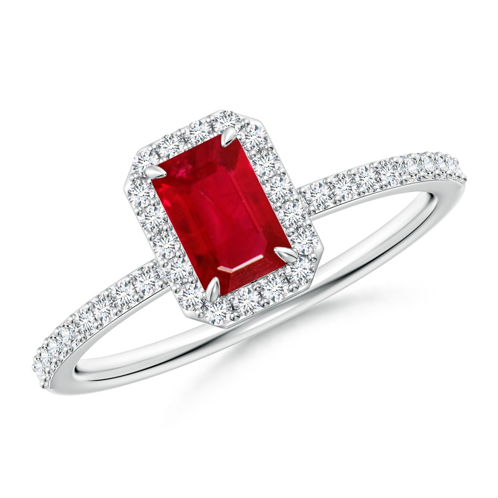 6x4mm AAA Emerald-Cut Ruby Halo Engagement Ring in White Gold