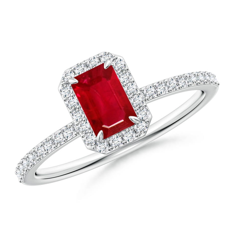 6x4mm AAA Emerald-Cut Ruby Halo Engagement Ring in White Gold 