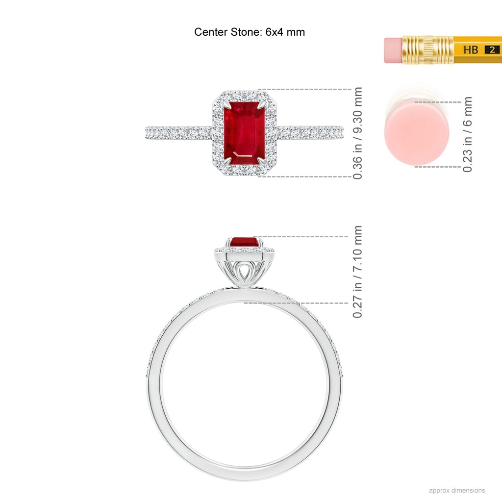 6x4mm AAA Emerald-Cut Ruby Halo Engagement Ring in White Gold Ruler