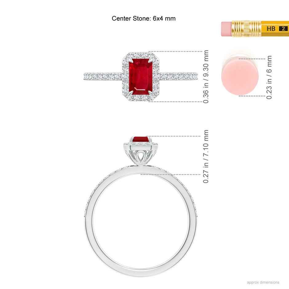 6x4mm AAA Emerald-Cut Ruby Halo Engagement Ring in White Gold ruler