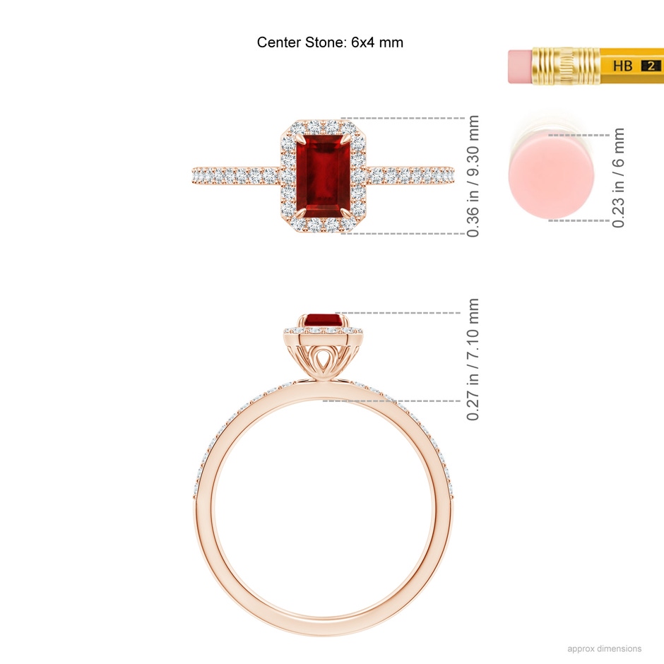 6x4mm Lab-Grown Emerald-Cut Ruby Halo Engagement Ring in Rose Gold ruler