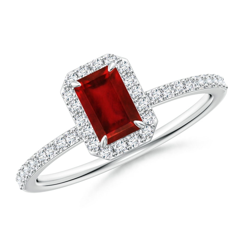 6x4mm Lab-Grown Emerald-Cut Ruby Halo Engagement Ring in White Gold