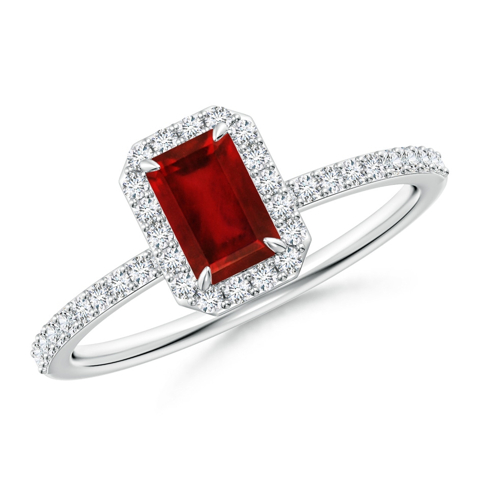 6x4mm Lab-Grown Emerald-Cut Ruby Halo Engagement Ring in White Gold 