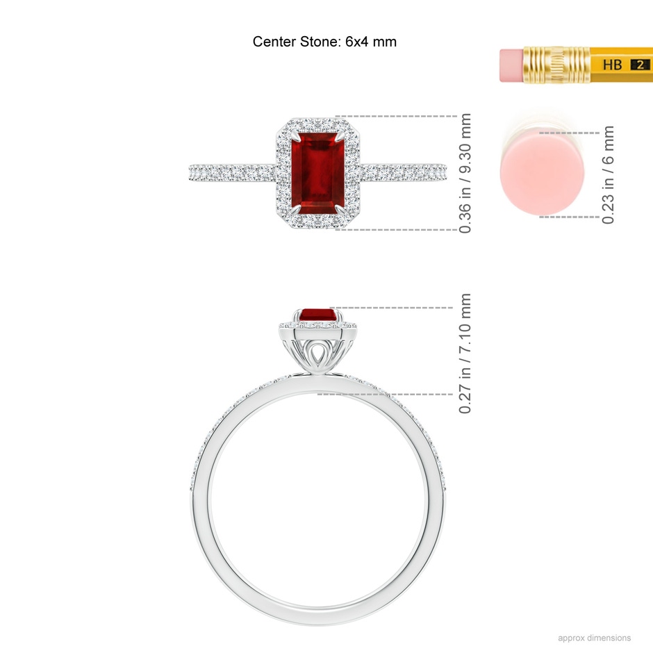 6x4mm Lab-Grown Emerald-Cut Ruby Halo Engagement Ring in White Gold ruler