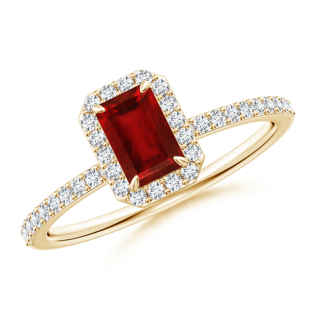 6x4mm AAAA Emerald-Cut Ruby Halo Engagement Ring in Yellow Gold