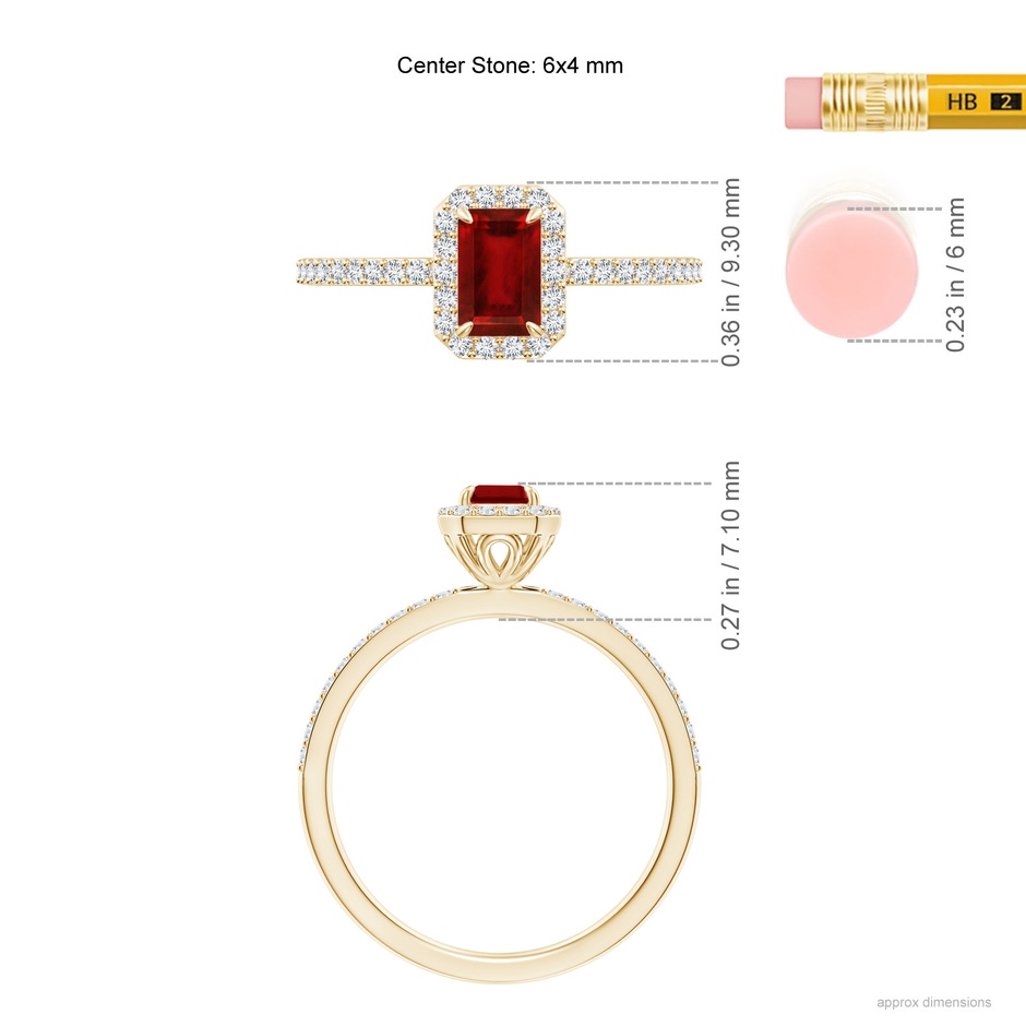 6x4mm AAAA Emerald-Cut Ruby Halo Engagement Ring in Yellow Gold ruler