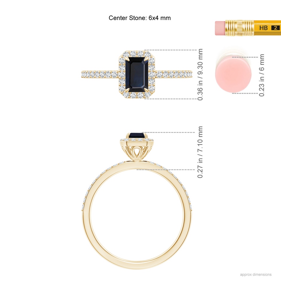 6x4mm A Emerald-Cut Sapphire Halo Engagement Ring in Yellow Gold ruler