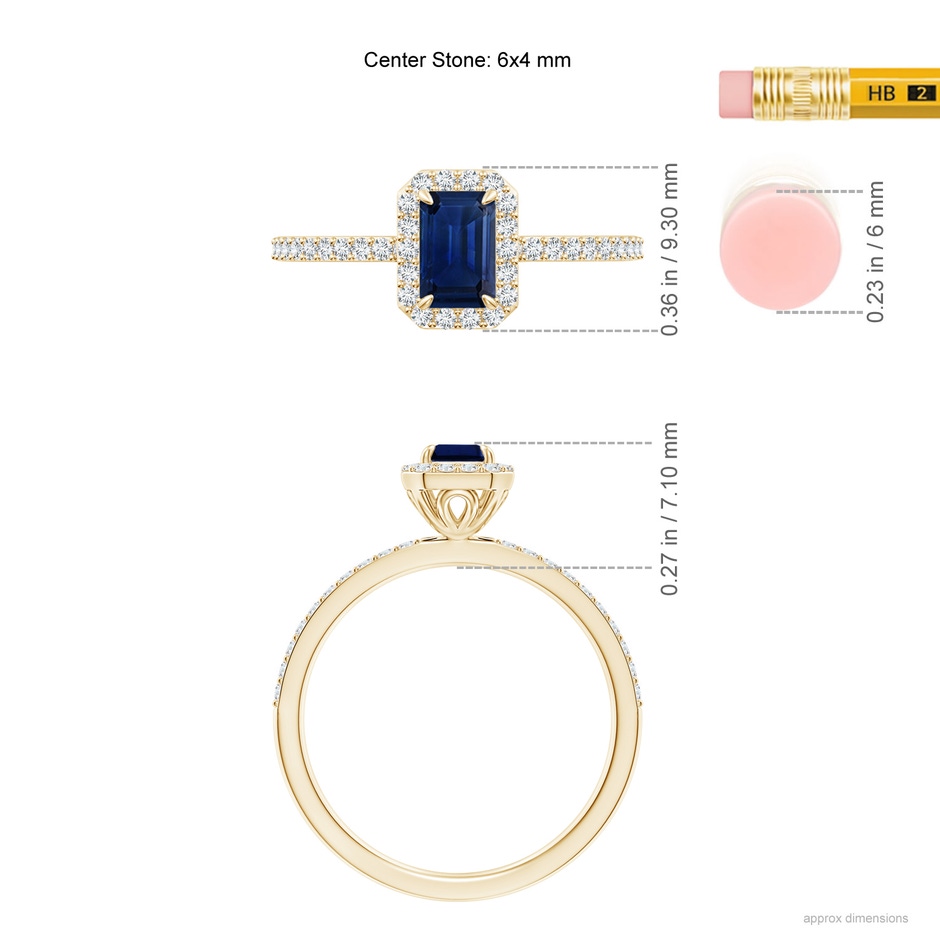 6x4mm AAA Emerald-Cut Sapphire Halo Engagement Ring in Yellow Gold ruler