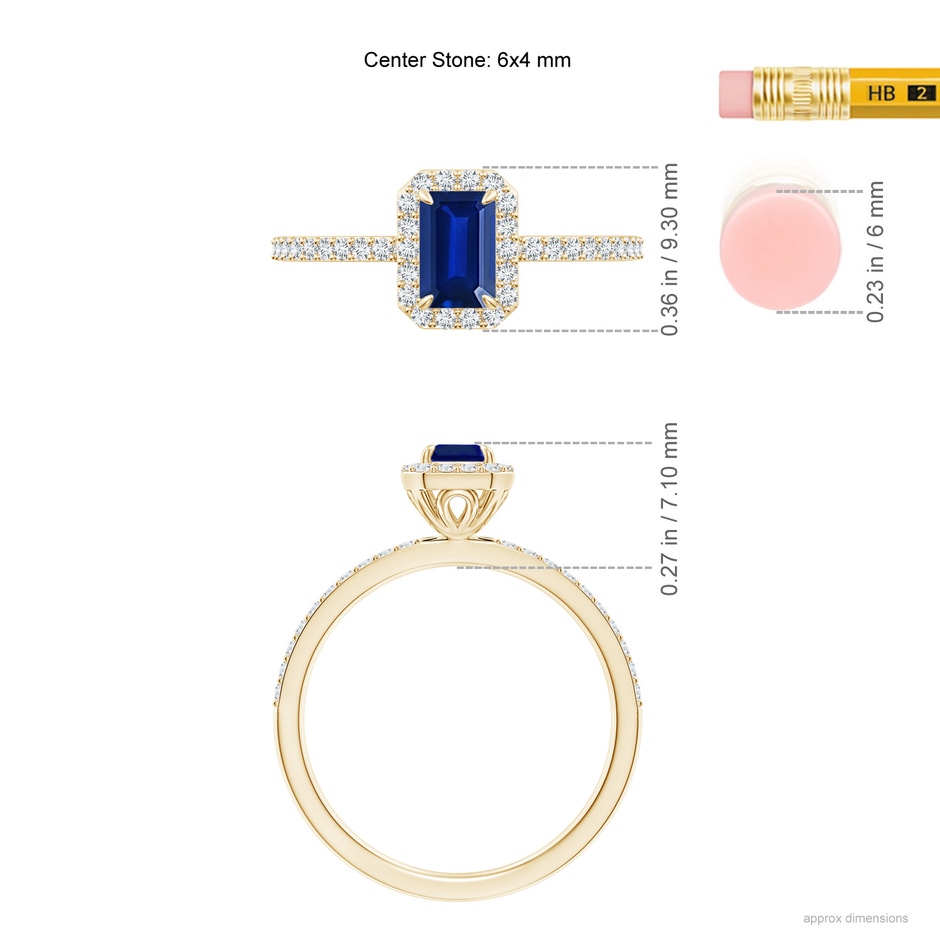 6x4mm AAAA Emerald-Cut Sapphire Halo Engagement Ring in Yellow Gold ruler