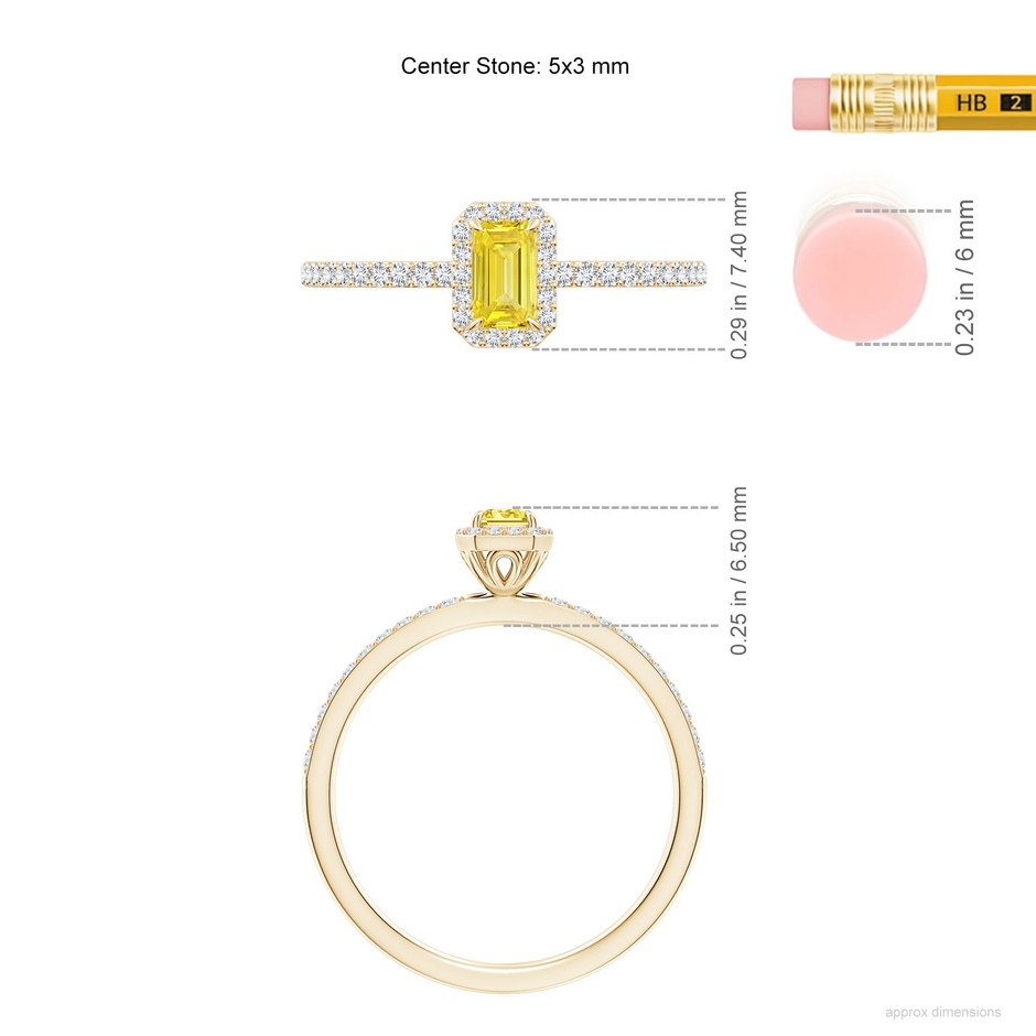 5x3mm AAAA Emerald-Cut Fancy Intense Yellow Diamond Halo Engagement Ring in Yellow Gold ruler