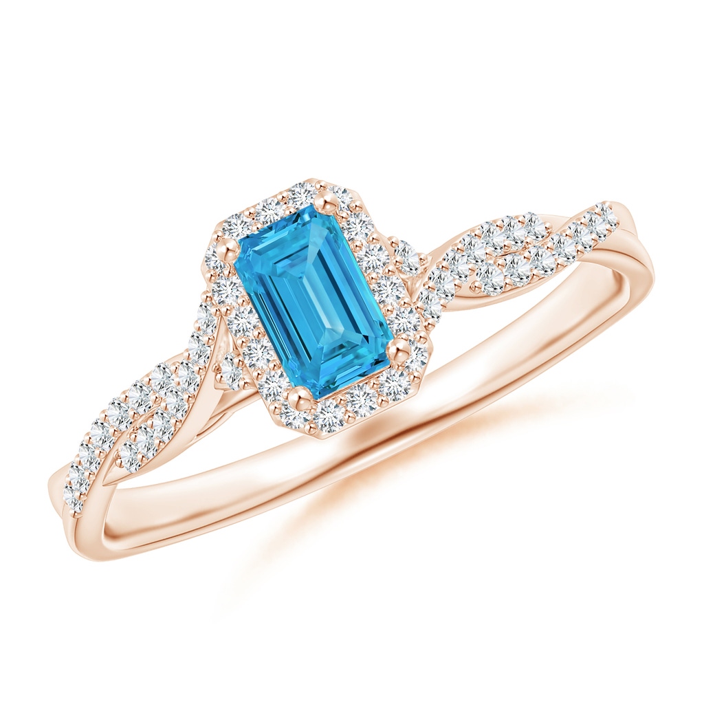 5x3mm AAAA Emerald-Cut Fancy Intense Blue Diamond Halo Twisted Shank Ring in Rose Gold