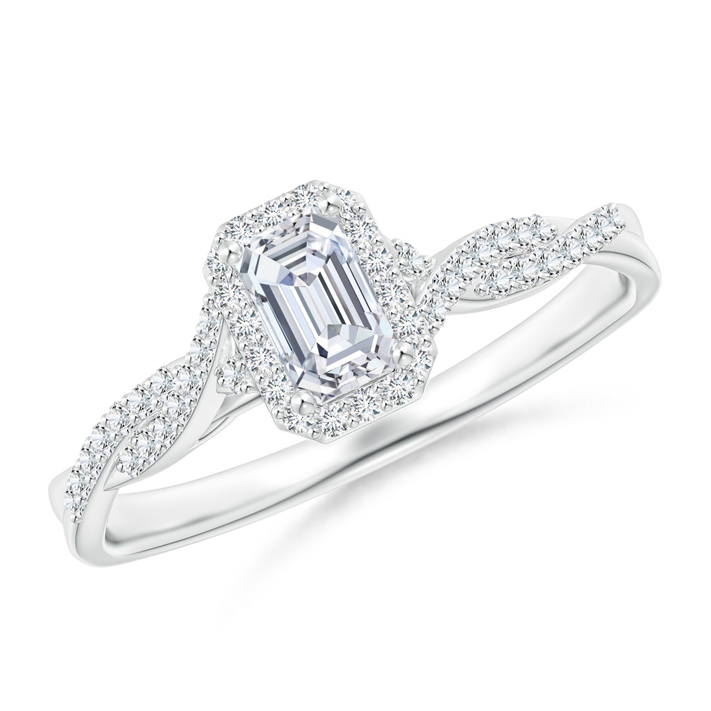 5x3mm GVS2 Emerald-Cut Diamond Halo Twisted Shank Ring in White Gold