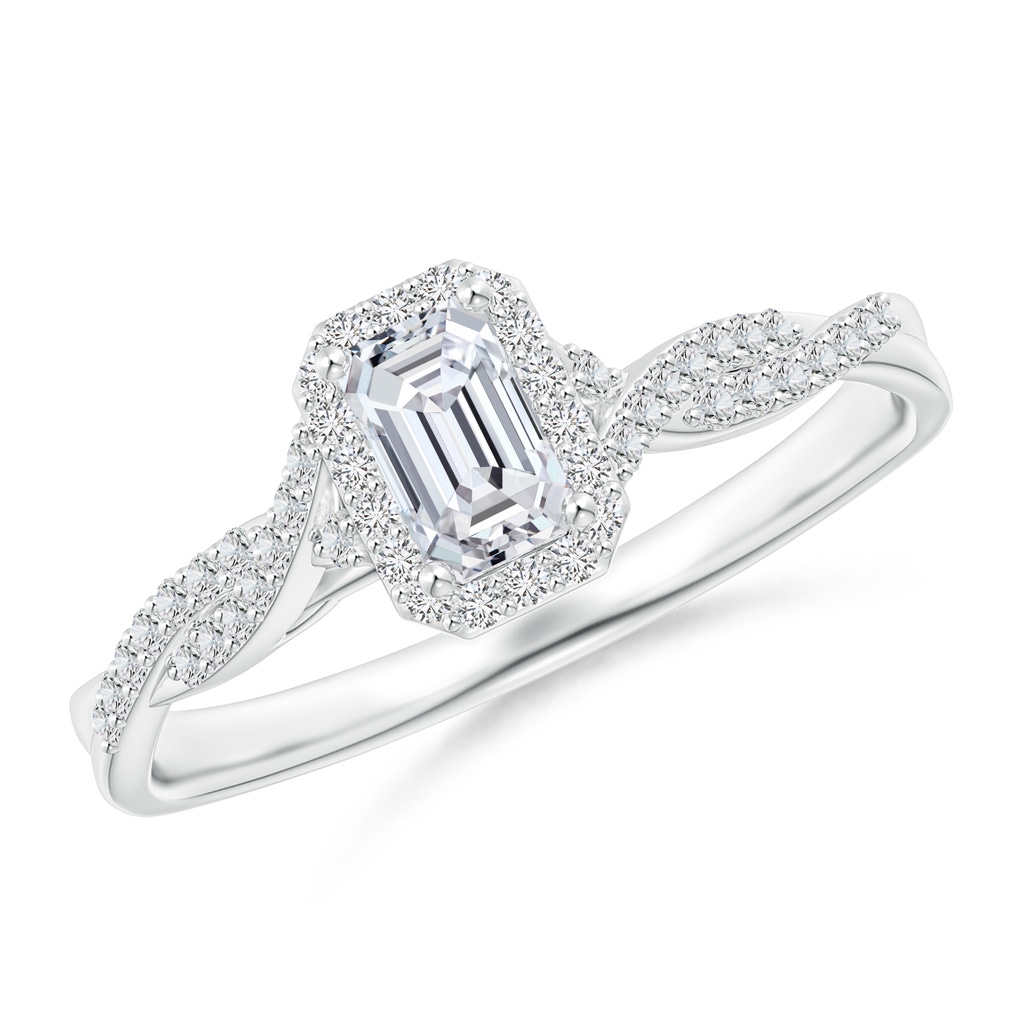 5x3mm HSI2 Emerald-Cut Diamond Halo Twisted Shank Ring in White Gold