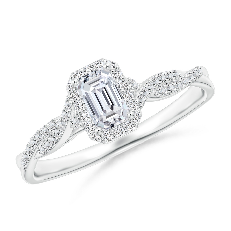 5x3mm HSI2 Emerald-Cut Diamond Halo Twisted Shank Ring in White Gold 