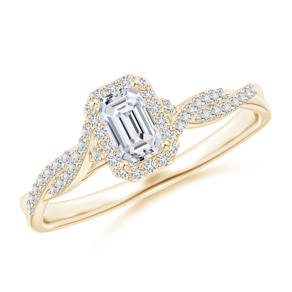 5x3mm HSI2 Emerald-Cut Diamond Halo Twisted Shank Ring in Yellow Gold
