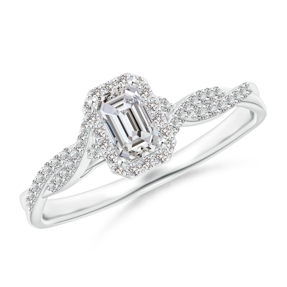 5x3mm IJI1I2 Emerald-Cut Diamond Halo Twisted Shank Ring in White Gold 