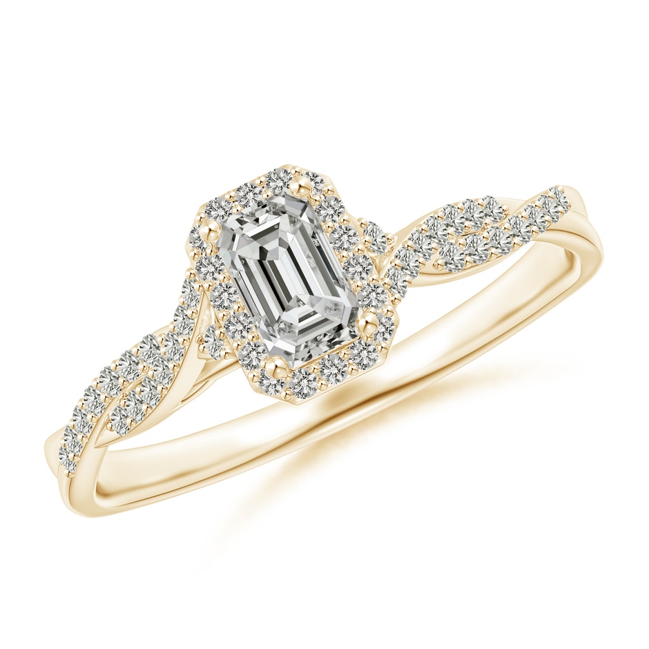 5x3mm KI3 Emerald-Cut Diamond Halo Twisted Shank Ring in Yellow Gold 