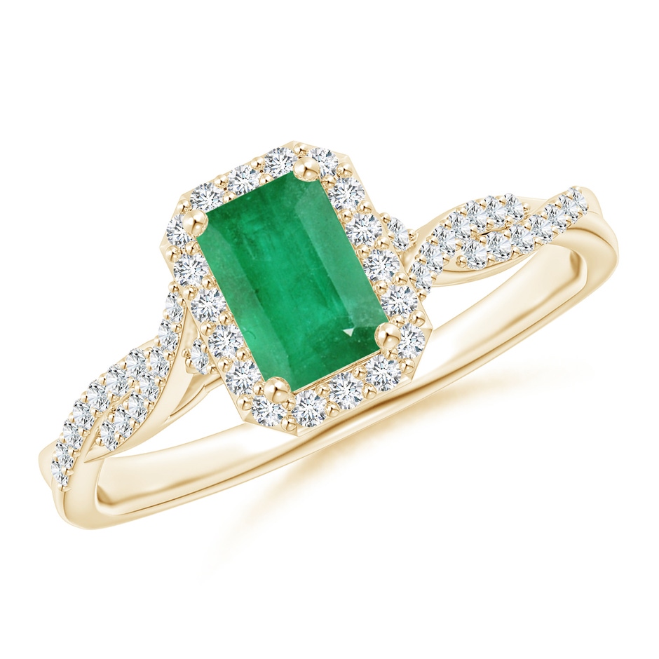 6x4mm A Emerald-Cut Emerald Halo Twisted Shank Ring in Yellow Gold 