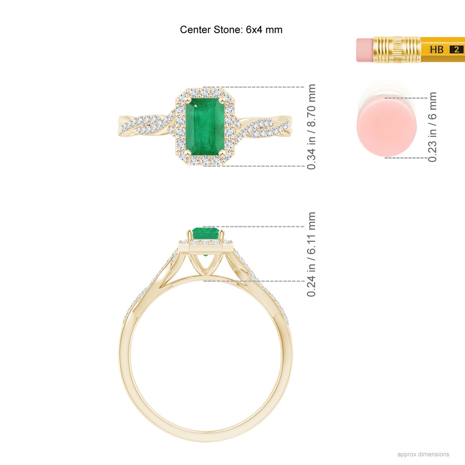 6x4mm A Emerald-Cut Emerald Halo Twisted Shank Ring in Yellow Gold ruler