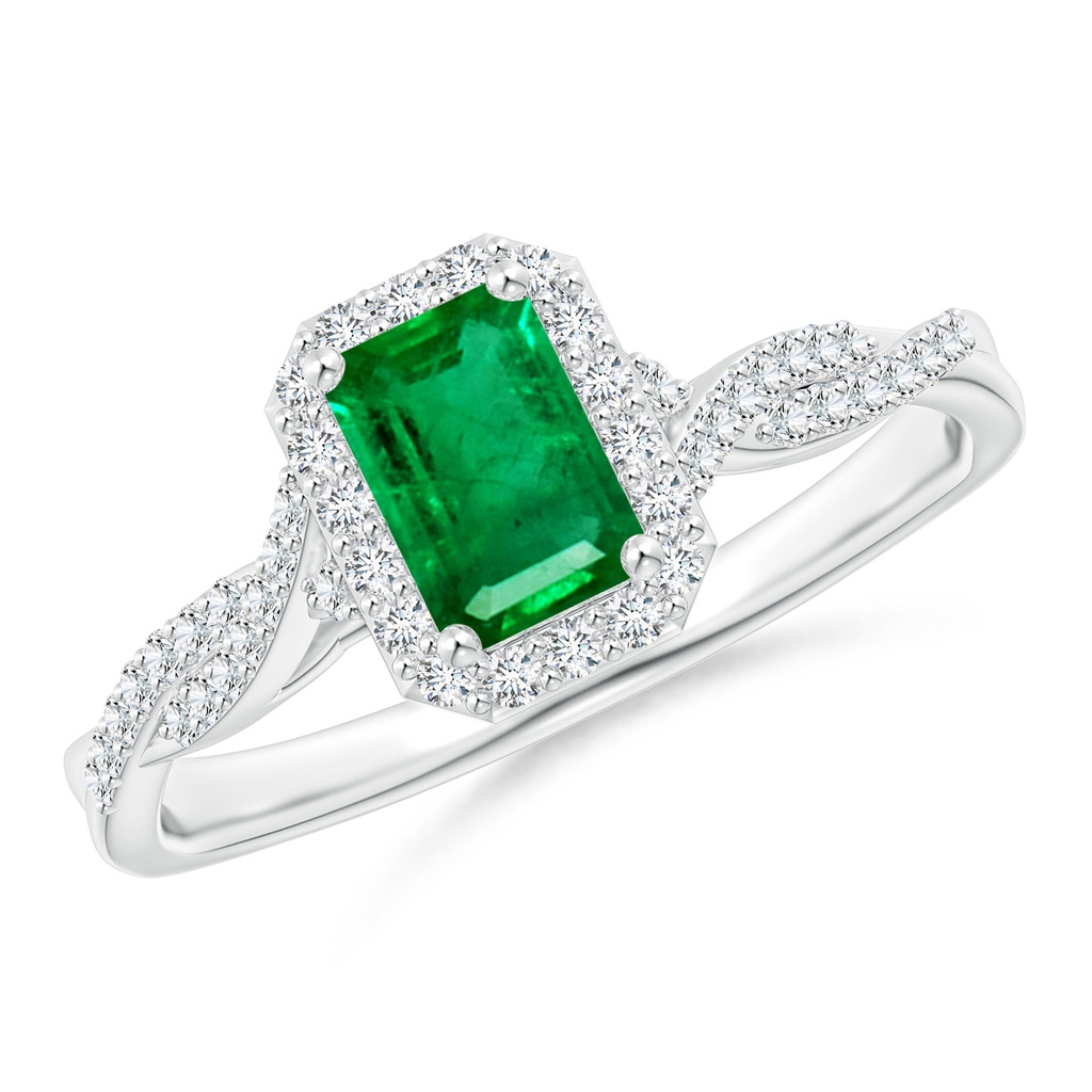 6x4mm AAA Emerald-Cut Emerald Halo Twisted Shank Ring in White Gold