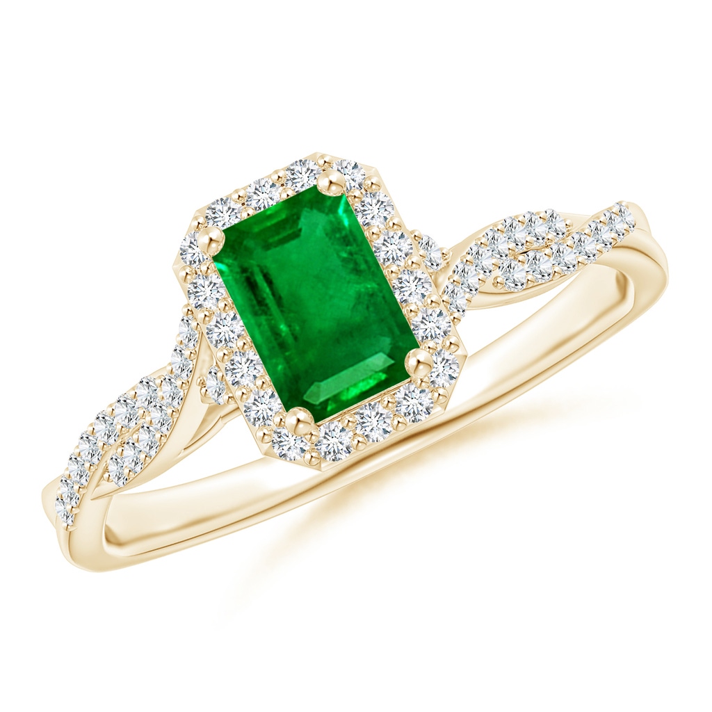 6x4mm AAAA Emerald-Cut Emerald Halo Twisted Shank Ring in Yellow Gold