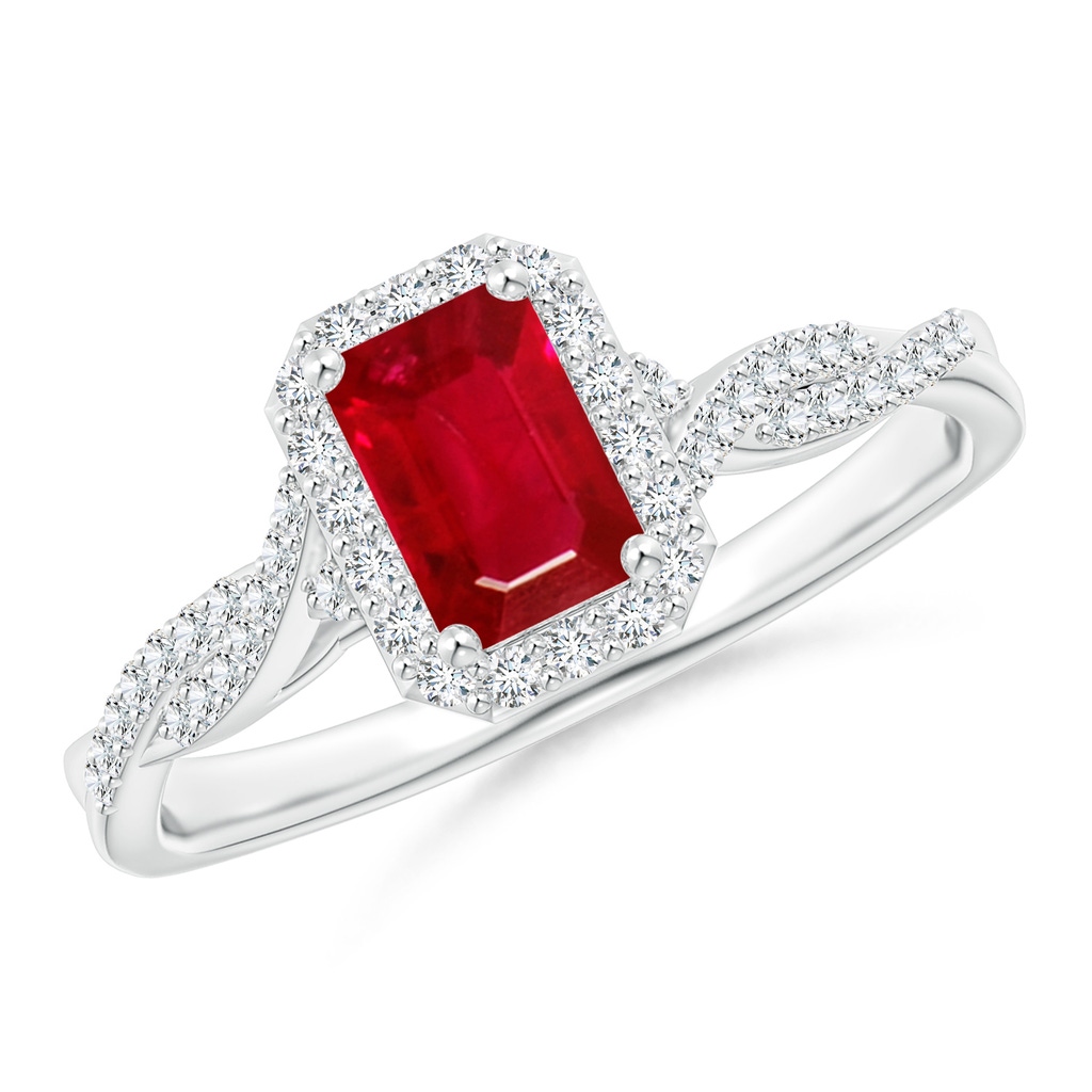 6x4mm AAA Emerald-Cut Ruby Halo Twisted Shank Ring in White Gold