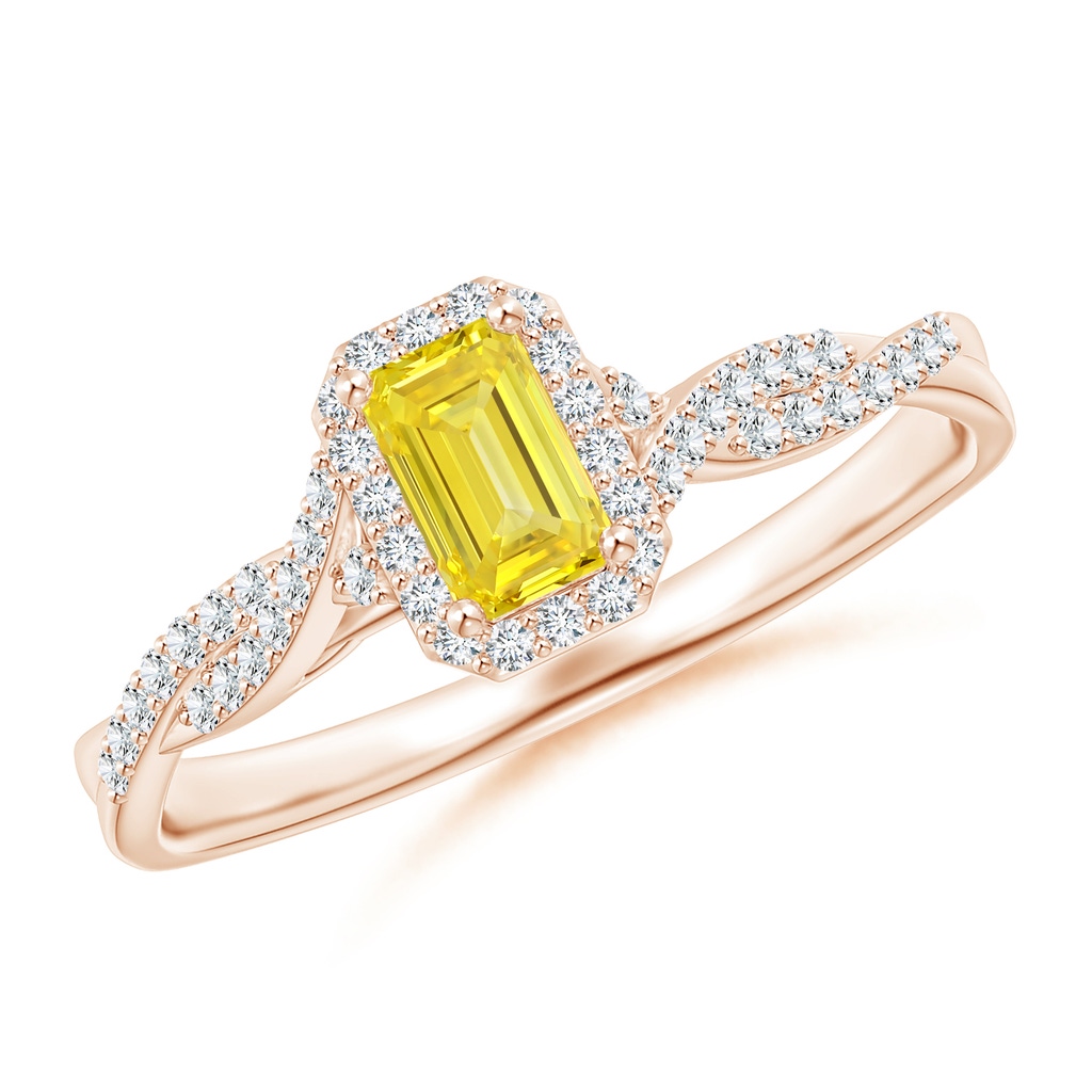 5x3mm AAAA Emerald-Cut Fancy Intense Yellow Diamond Halo Twisted Shank Ring in Rose Gold