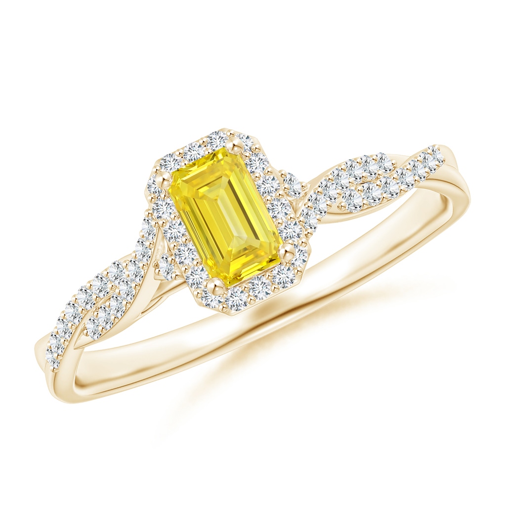 5x3mm AAAA Emerald-Cut Fancy Intense Yellow Diamond Halo Twisted Shank Ring in Yellow Gold