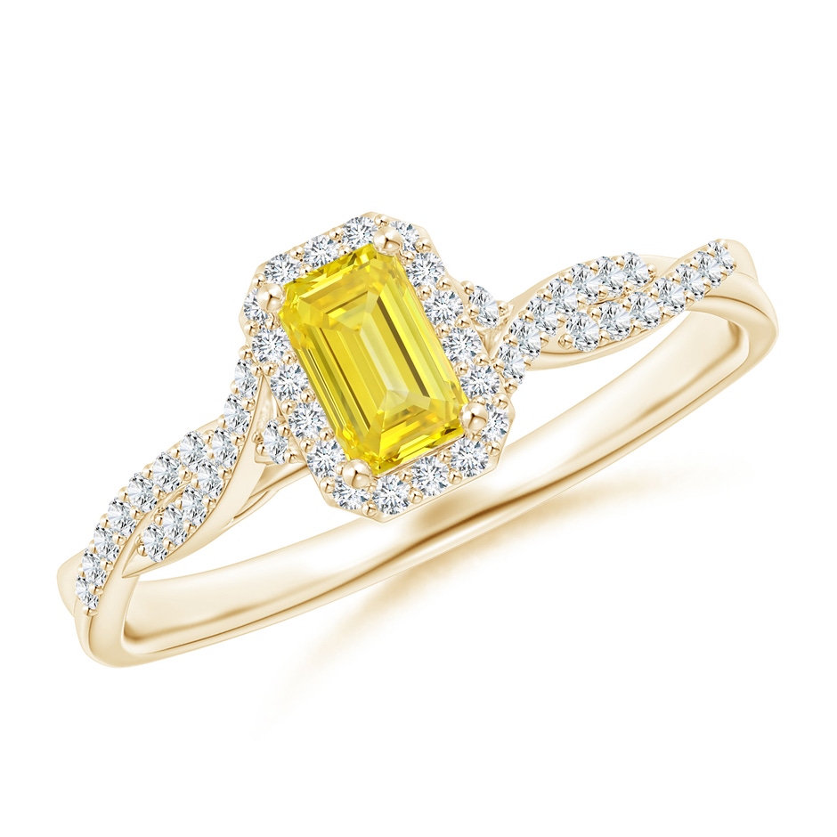 5x3mm AAAA Emerald-Cut Fancy Intense Yellow Diamond Halo Twisted Shank Ring in Yellow Gold 