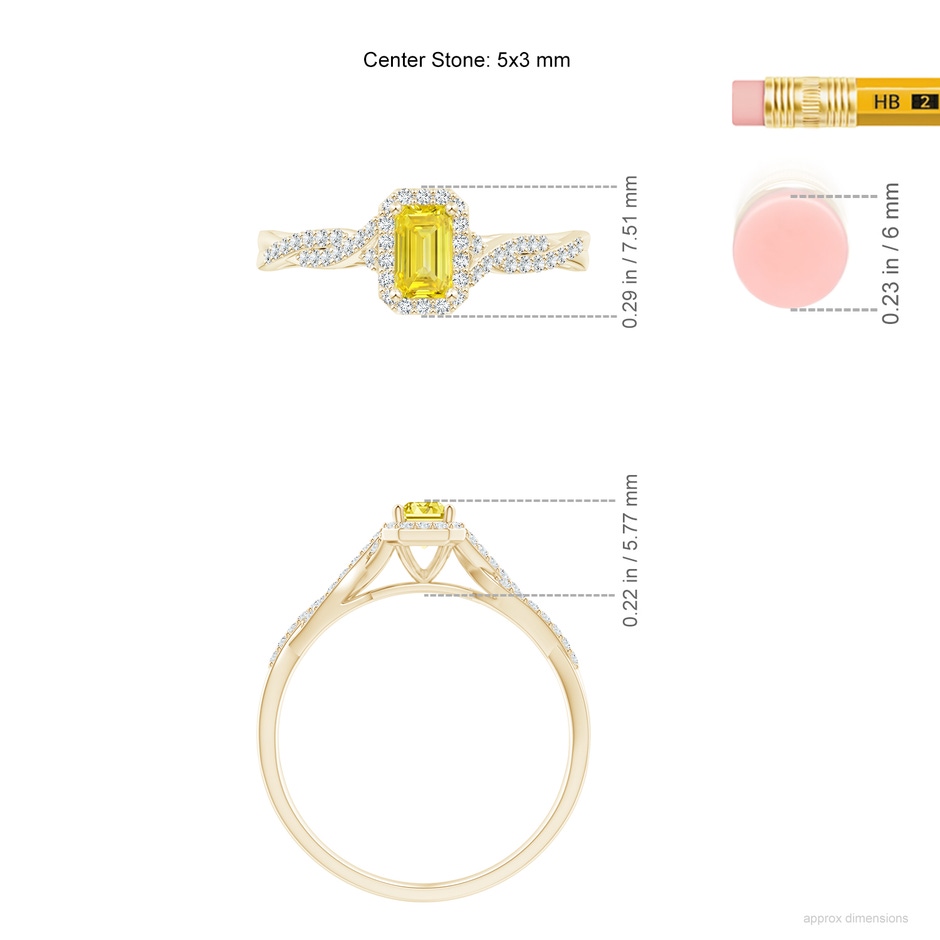 5x3mm AAAA Emerald-Cut Fancy Intense Yellow Diamond Halo Twisted Shank Ring in Yellow Gold ruler