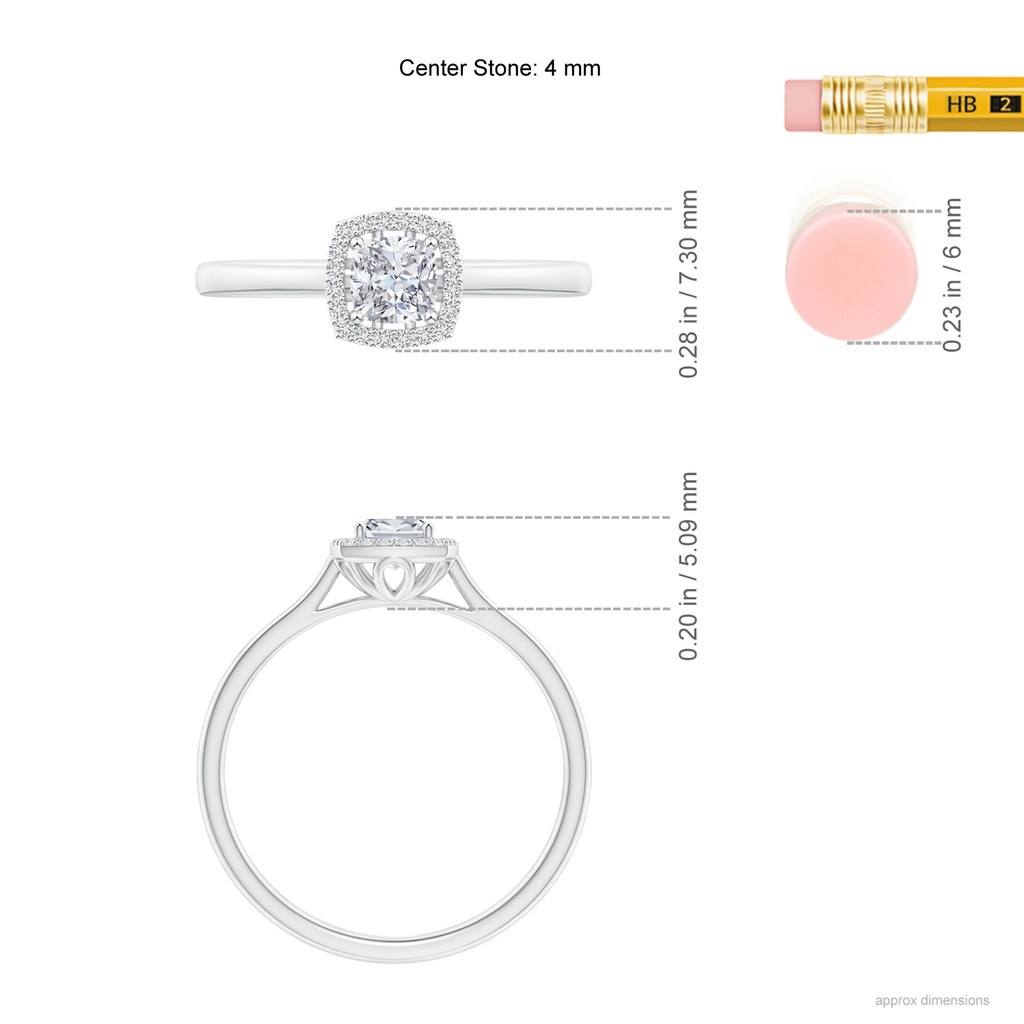 4mm HSI2 Cushion Diamond Halo Engagement Ring in White Gold Ruler