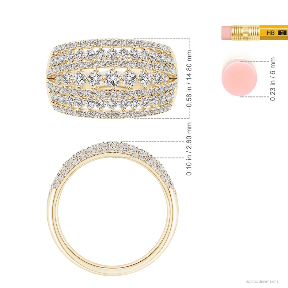 3mm IJI1I2 Multi-Row Graduated Diamond Broad Anniversary Ring in Yellow Gold ruler
