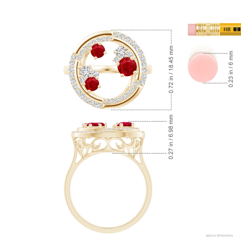 4mm AAA Dispersed Ruby and Diamond Cancer Cocktail Ring in Yellow Gold Ruler