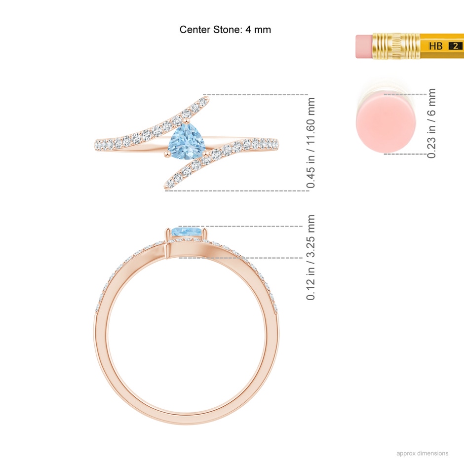 4mm AAA Trillion Aquamarine Pisces Bypass Ring with Diamonds in Rose Gold ruler