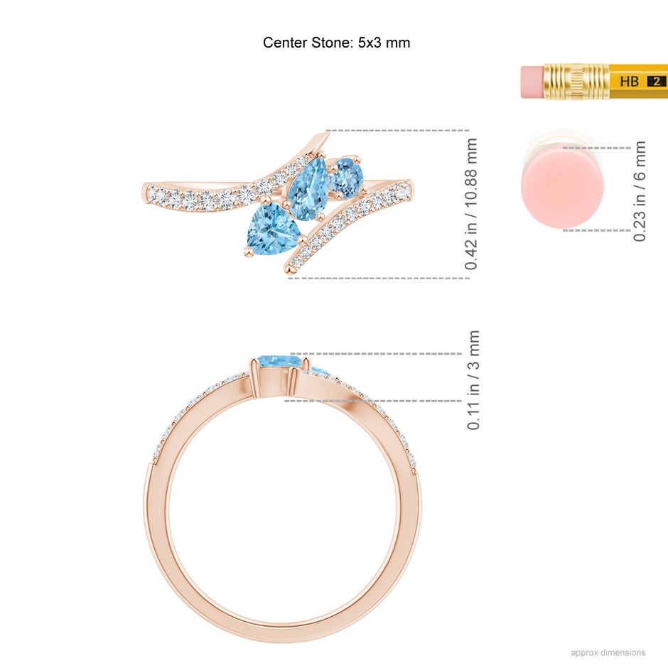 5x3mm AAAA Three Stone Multi-Shape Aquamarine Pisces Bypass Ring in Rose Gold ruler