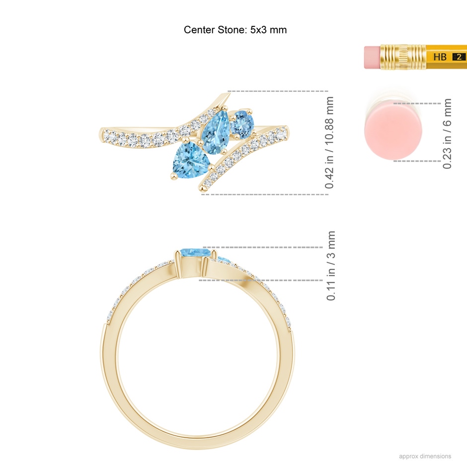 5x3mm AAAA Three Stone Multi-Shape Aquamarine Pisces Bypass Ring in Yellow Gold ruler
