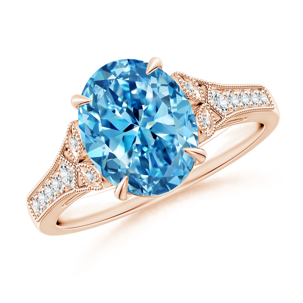 10x8mm AAAA Aeon Vintage Inspired Oval Fancy Intense Blue Diamond Solitaire Engagement Ring with Milgrain in Rose Gold