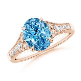 9x7mm AAAA Aeon Vintage Inspired Oval Fancy Intense Blue Diamond Solitaire Engagement Ring with Milgrain in Rose Gold