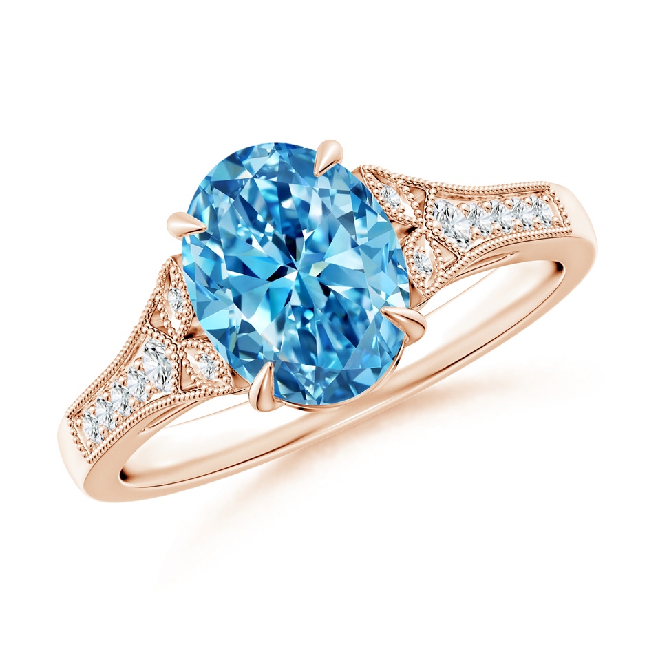 9x7mm AAAA Aeon Vintage Inspired Oval Fancy Intense Blue Diamond Solitaire Engagement Ring with Milgrain in Rose Gold 